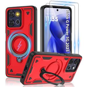 Gritup for Moto G Power 5G 2025 Magnetic Case Compatible with MagSafe & HD Screen Protector2 Metal Rotated Kickstand Military Grade Shockproof Protective Moto G Power 5G 2025 Red