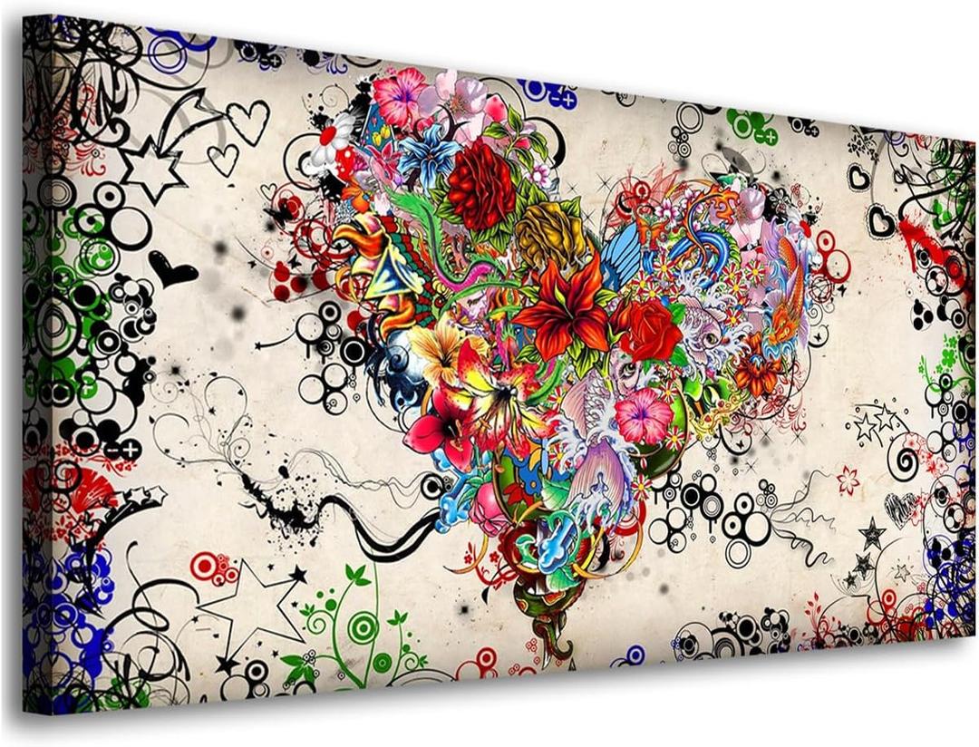 SiGuTie Love Heart Wall Art Canvas Prints Colorful Flowers Painting Bedroom Wall Decor Abstract Floral Pictures for Living Room Bathroom Kitchen Office Home Decoration 24x48 Artwork Easy Hanging