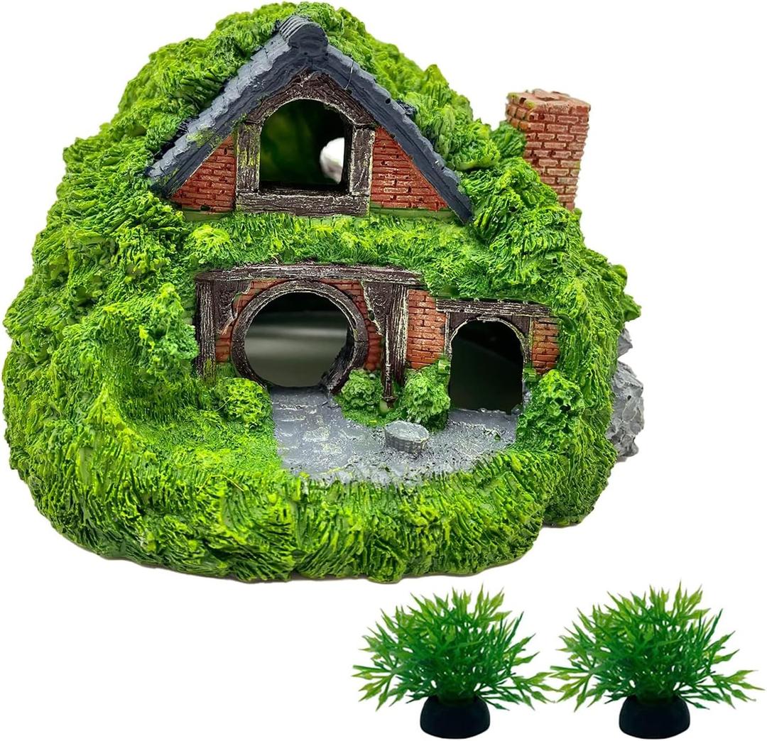 Tfwadmx Fish Tank Hobbit Decorations, Resin Small Fish Cave Hideout House, Aquarium Decor Hide Hole Shelter Hut Ornaments Mini Garden Decorating Accessories (Green-5.5 X 5.3 X 3.5 Inches)