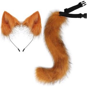 HAOAN Faux Fur Fox Tail and Ears Headband Set Werewolf Costume Accessories Halloween Party (Orange, S)