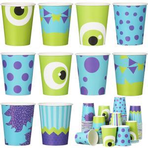 Vesici 100 Pcs Monster Party Supplies 9 oz Disposable Paper Cups Cartoon Blue Purple Green Monster Themed Party Cups for Girl Boy Birthday Baby Shower Decorations