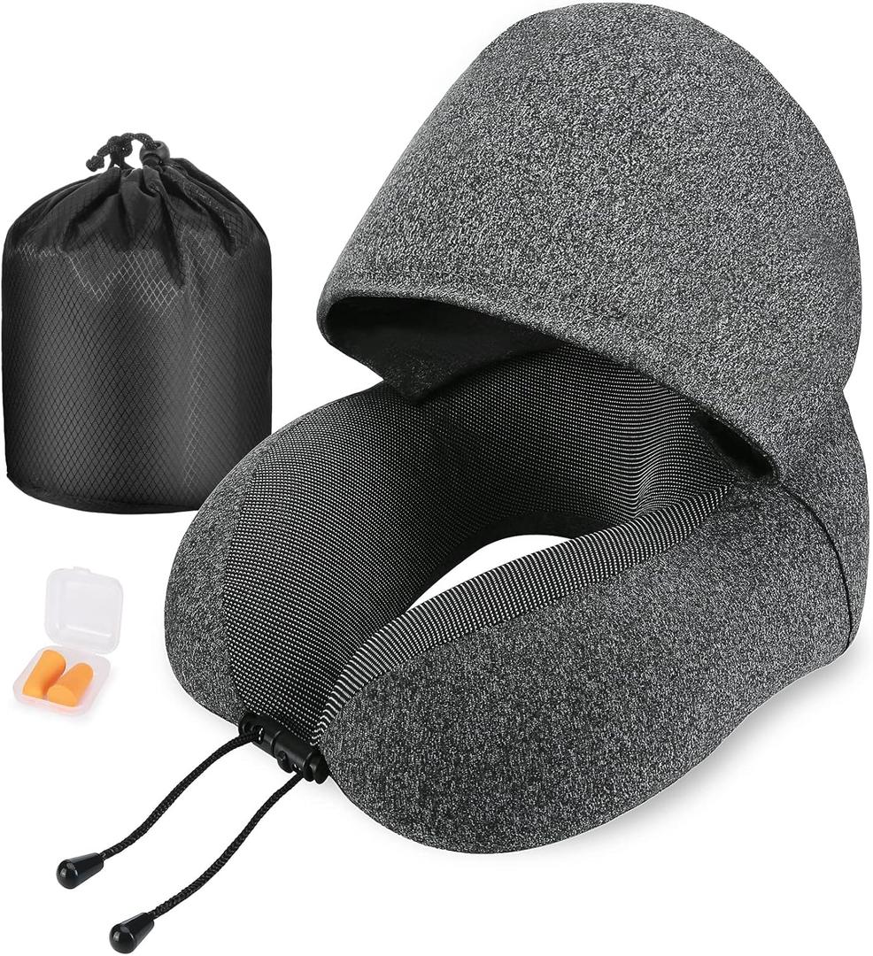 Neck Pillow for Travel, Memory Foam Travel Pillow with Hood, Adult Airplane Pillow for Head Rest Neck Support, Portable Pillow for Office Cars Trains Long Flights Sleeping (Deep Grey)