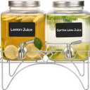 Lulonpon 2 x 4L(1.06 Gallon) Glass Drink Dispenser, Beverage Dispenser with Stainless Tap, Glass Water Juice Dispensers with Metal Stand, Water Jug with Tap Perfect for Parties,Weddings,Birthdays (Little, Clear)