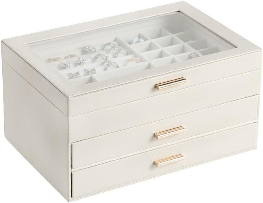 Hatori Jewelry Box for Women Gift for Mom, 3-Layer Large Capacity Glass Top Jewelry Organizer with Lock, Mothers Day Gift Jewelry Storage Case - White