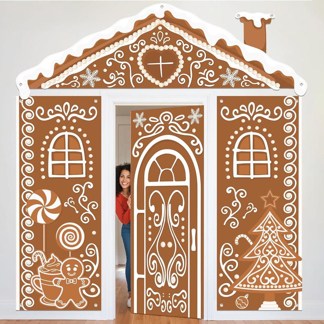 4 Pcs Christmas Gingerbread House Decorations Backdrop Set, Gingerbread Door Covers Large Xmas Wall Decorations Christmas Street Background Banner for Holiday Party Supplies Home Photo Booth Decor