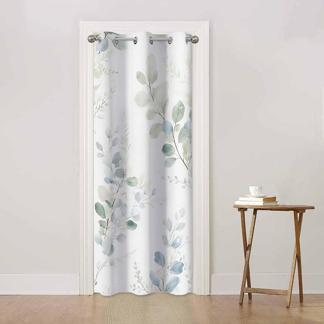 Green Leaves Branches Sliding Door Curtain Watercolor Spring Botanical Doorway Privacy Blackout Curtain Door Dividers Closet Door Cover Curtain 34" W X 80" L,1 Panel