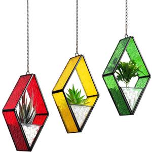 Yaomiao 3 Pcs Stained Glass Hanging Plant Terrariums Hanging Glass Planter Small Geometric Terrarium Air Plant Terrarium with Chain for Succulent Moss Holders Garden Wall Windowsill (Bright Color)
