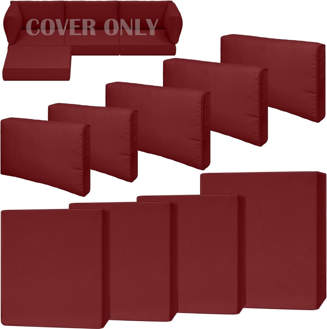 9 Piece Outdoor Patio Waterproof Cushion Covers, Fits 4-Seat Wicker Rattan Sectional Couch Chair Furniture Cover Replacement Set - Fade-Resistant Patio Cushion Covers with Zipper (25.6*25.6*3 inches-9 Pcs, Red)