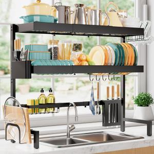Over The Sink Dish Drying Rack, Expandable 3-Tier Stainless Steel Kitchen Storage Organization Accessories for Countertop, Rustproof & Space-Saving, 31.5"39.5" L x 12" W x 33" H, Black