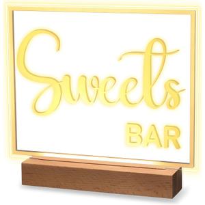 Hoolerry LED Acrylic Bar Table Sign 8" x 10" Neon Acrylic Table Centerpiece, Snack Candy Bar Centerpiece with Stand White Text for Dessert Flower Room Decor(Sweets)