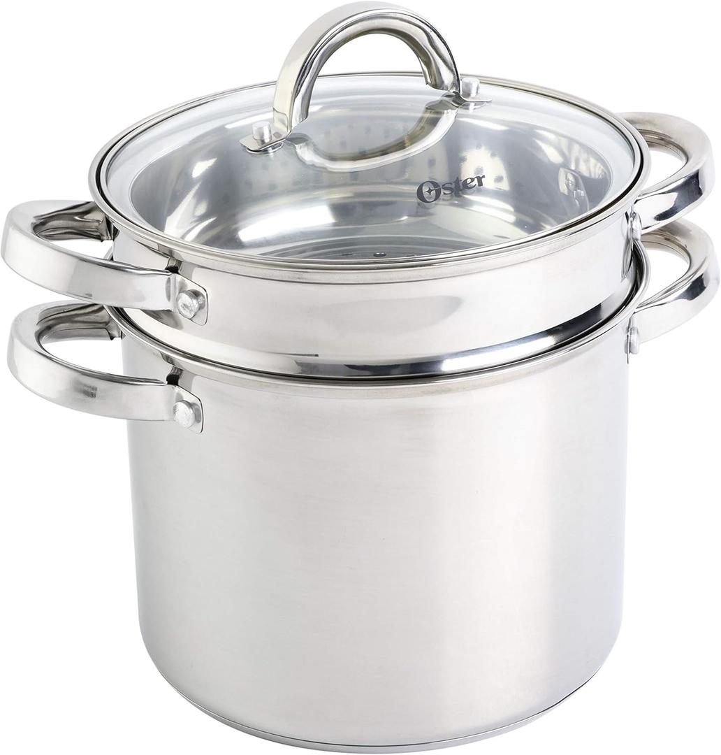 Oster Sangerfield 5-Quart Stainless Steel Pasta Pot Set with Steamer Basket and Lid  Durable Kitchen Cookware for Boiling and Steaming