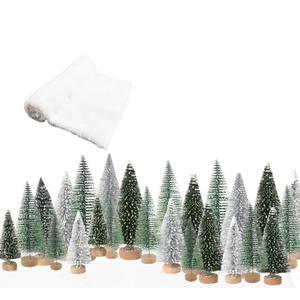 Christmas Decor Bottle Brush Trees Set- 24PCS Assorted Artificial Mini Snow Pine Trees with Wood Base for Village Miniature Craft Decorations for Home Indoor Party (Include Small Snow Blanket)