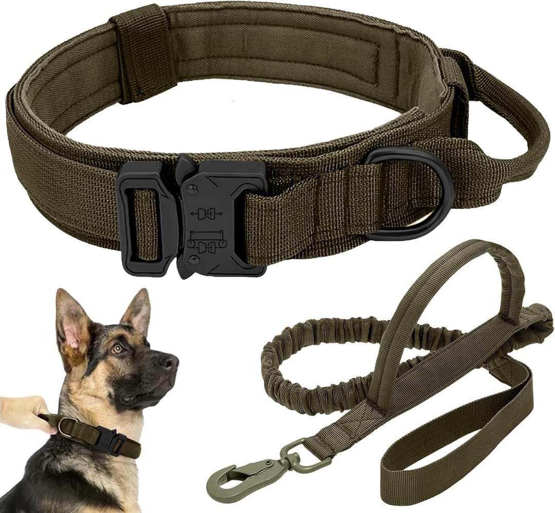 Tactical Dog Collar Leash Set, Adjustable Military Training Nylon Collar Dog Training with Control Handleand Metal Buckle, Dog Collar for Medium Large Dogs (Green, L)