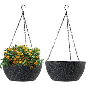 WSMKSZ 10 inch Hanging Planters for Outdoor Indoor Plants with Drainage Holes and Chain, 2 Pack Round Hanging Flower Pots for Garden Home Porch Decor, Speckled Black