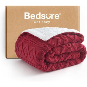 Bedsure Gentlesoft Sherpa Fleece Throw Blanket for Couch - Fluffy & Cozy Cable Jacquard Tufted Throw for Women Gift, Thick and Warm Christmas Blanket for Winter, Red, 50x60 Inches