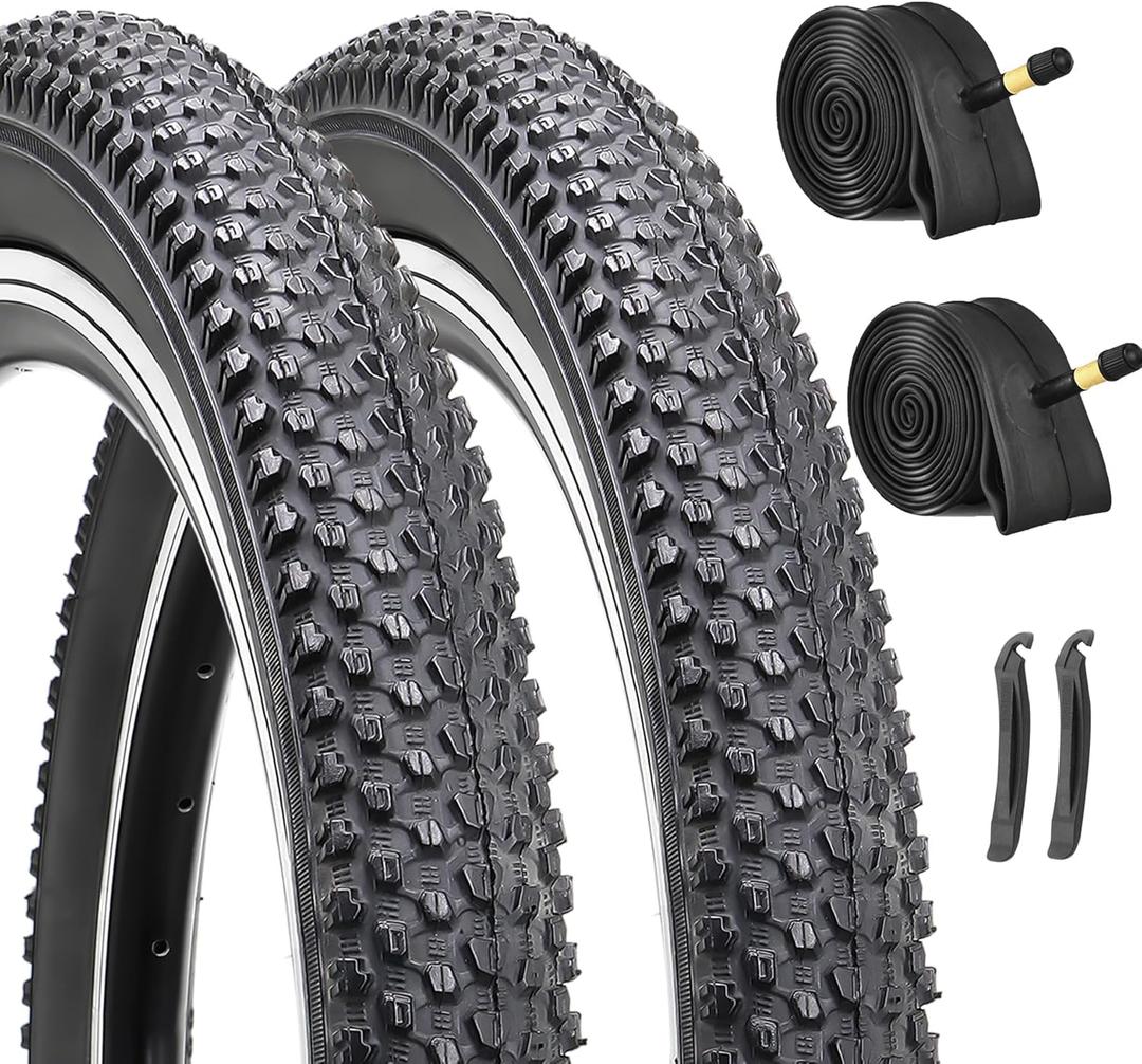 Hycline 2-Pack Mountain Bike Tires Set: 20/24/26/27.5-inch Folding Replacement Puncture-Resistant Bicycle Tires and Pair 20/24/26/27.5-inch Inner Tubes with Tire Levers for MTB Off-Road Bike