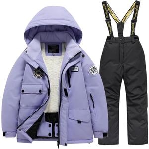 Winter Kids 2 Piece Ski Suit Boys/Girls Thicken Warm Hooded Jacket and Ski Pants Snowsuit Snowboarding Clothes (6, Purpleblack)