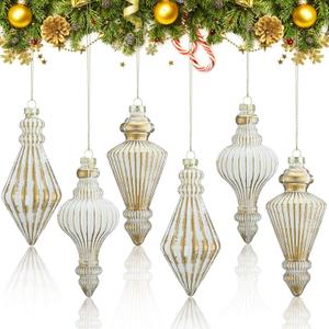 PullCrease 5 Pcs 5.7 inch Mercury Glass Finial Christmas Ornament Rustic Finial Vintage Ornaments Xmas Glass Mercury Hanging Decor Christmas Tree Decoration for Holiday Farmhouse(Gold White)