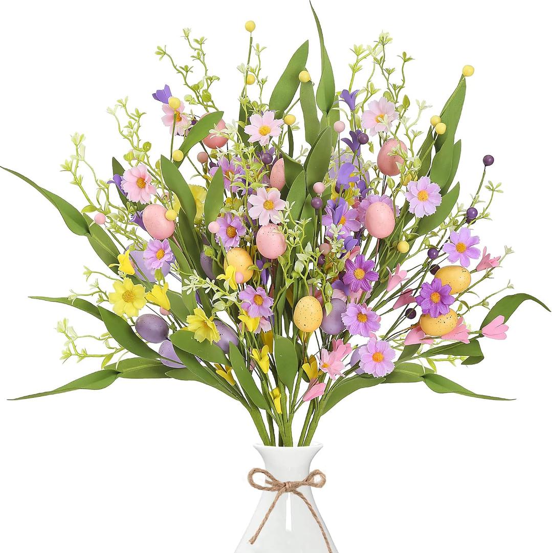 Sggvecsy Artificial Easter Stems 6 Pcs Spring Egg Picks with Colorful Daisies Berries Greenery Leaves Twig Branches for Easter Arrangement Centerpiece Easter Celebration Home Vase Decor