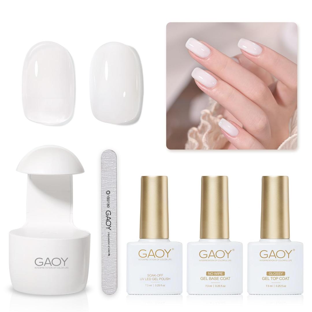 GAOY 3 Pcs Gel Nail Polish Kit with Mini UV Light, Include Milky White Sheer Gel Polish, Base Coat and Top Coat for Nail Art DIY at Home