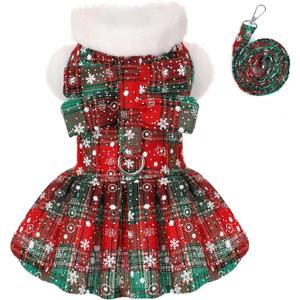 Dog Christmas Sweater Dress with Leash Set Puppy Sweaters for Small Dogs Girl Pet Outfit Plaid Puppy Clothes Cute Bowknot Doggy Apparel Cat Holiday Xmas Party Costume (Small, Green) 