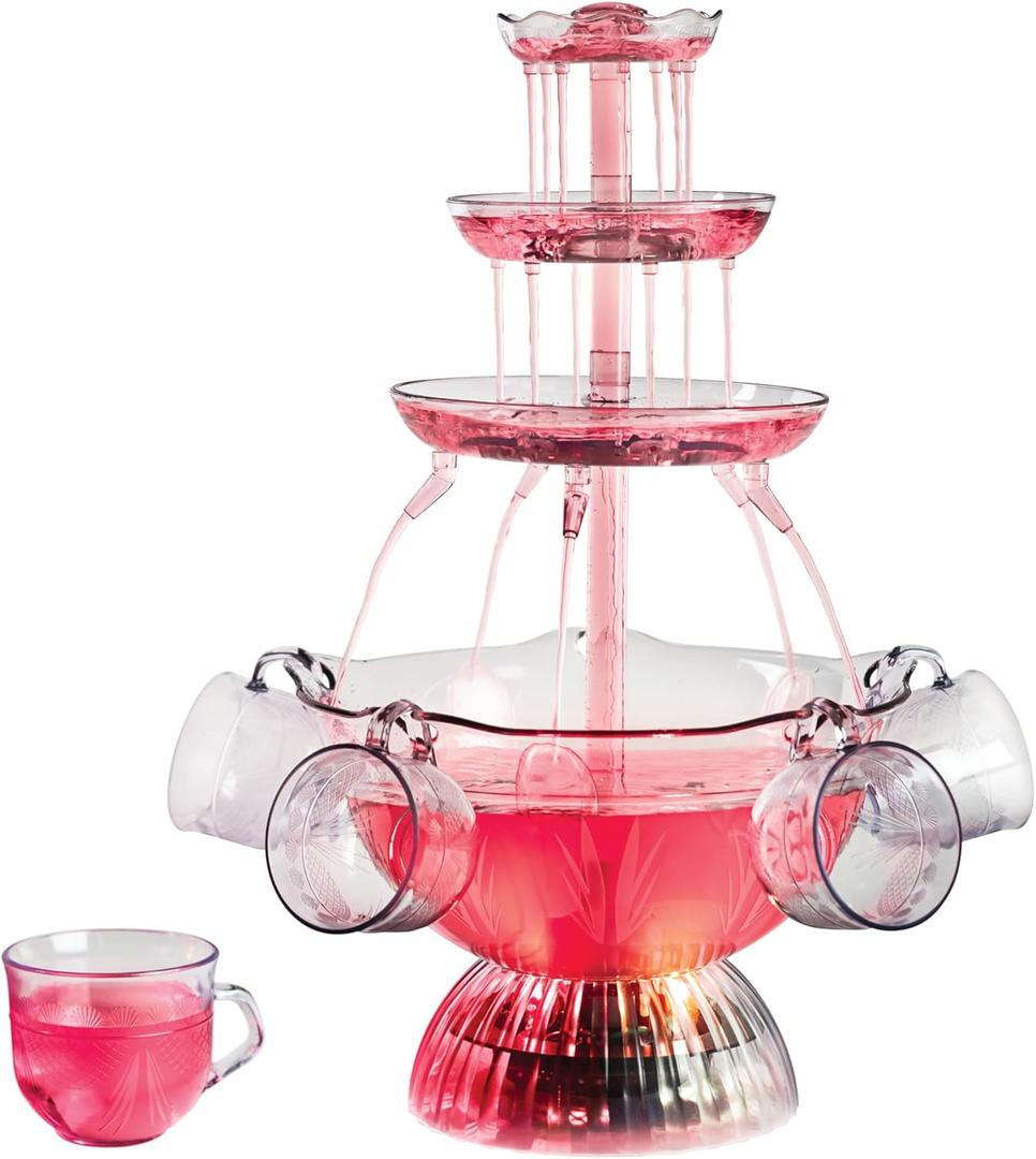 Nostalgia 3-Tier Party Fountain Holds 1.5 Gallon, LED Lighted Base, Includes 6 Reusable Cups, Clear