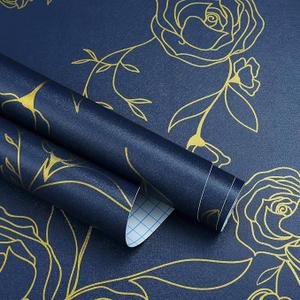 TEKCOOL 45 * 1200 Peel and Stick Wallpaper Gold and White Contact Paper Floral Wallpaper Self Adhesive Removable Wallpaper for Bedroom Covering Vinyl Rolls(Blue & Gold)