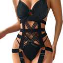 Lilosy Sexy Strappy Crisscross Cutout Underwire Garter Belt Lingerie Set Rave Outfits (XX-Small, Black)