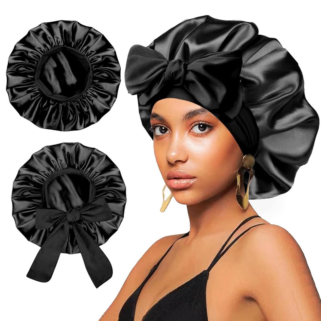 2Pcs Satin Silk Hair Bonnet for Sleeping Women,Large Bonnets with Elastic Wide Tie Band Silk Sleep Cap,Hair Wrap Night Cap with Adjustable Straps for Black Women Curly Hairs Jumbo Bonnet Braid - Black