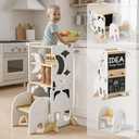 COSYLAND Toddler Standing Tower 4-in-1 Toddler Kitchen Stool Helper | Safety Rail, Foldable Standing Tower with Blackboard,Toddler Step Stool for Bathroom Sink, Kitchen Counter White and Natural