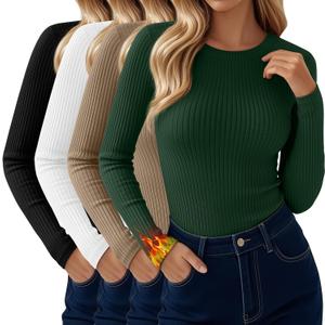 4 Pack Women's Thermal Long Sleeve Shirt Ribbed Cotton Slim Tops Crew Neck Basic Undershirt Stretch Layer Blouses (Large, Olive Green, Khaki, White, Black)