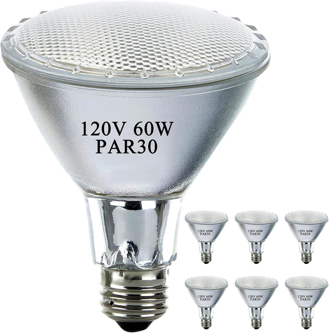PAR30 Long Neck Halogen Flood Light Bulbs, 120V 60W PAR30 Light Bulb, E26 Medium Base, 2700K Warm Lighting, 3000 Hours for Recessed Light Bulb(6 Pack)