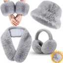 4 Pcs Winter Faux Fur Set for Women Fur Collar Scarf Wrap Winter Fuzzy Bucket Hat Ear Muffs Foldable Wrist Cuffs Accessories