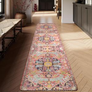 Lahome Boho 2'8"x10' Washable Hallway Kitchen Runner Rugs with Rubber Backing, Bohemian Non-Slip Soft Kitchen Runners, Non-Shedding Faux Wool Stair Carpet Runner for Hall Bathroom, Fuchsia/Multi (2'8" x 10')