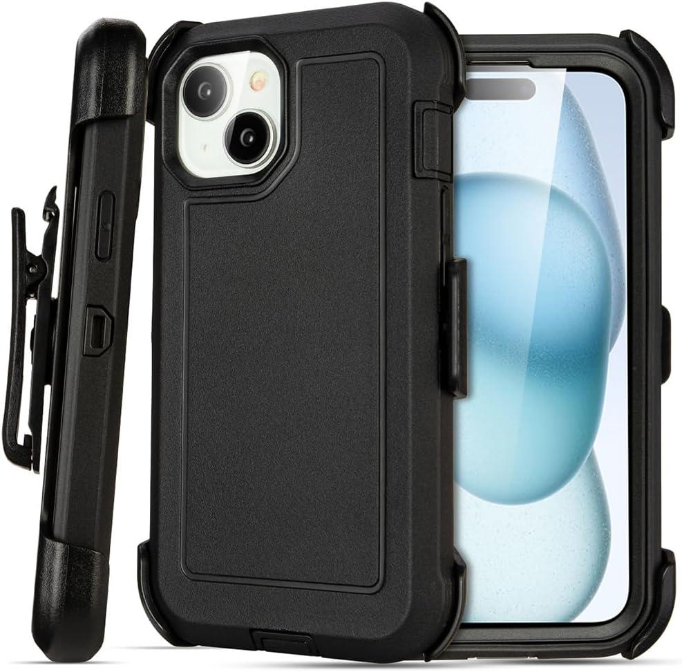 for Black iPhone 15 Case with Belt Clip, Shockproof Heavy Duty Rugged, 3 Layers of Sturdy,Anti-Drop, Military-Grade Defender Cover for iPhone 15 Case Black