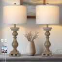 28" Tall Farmhouse Table Lamps Set of 2 with USB A+C Ports and AC Outlet, 3 Way Touch Rustic Bedside Lamps for Living Room, Brown Vintage Lamps for Bedroom