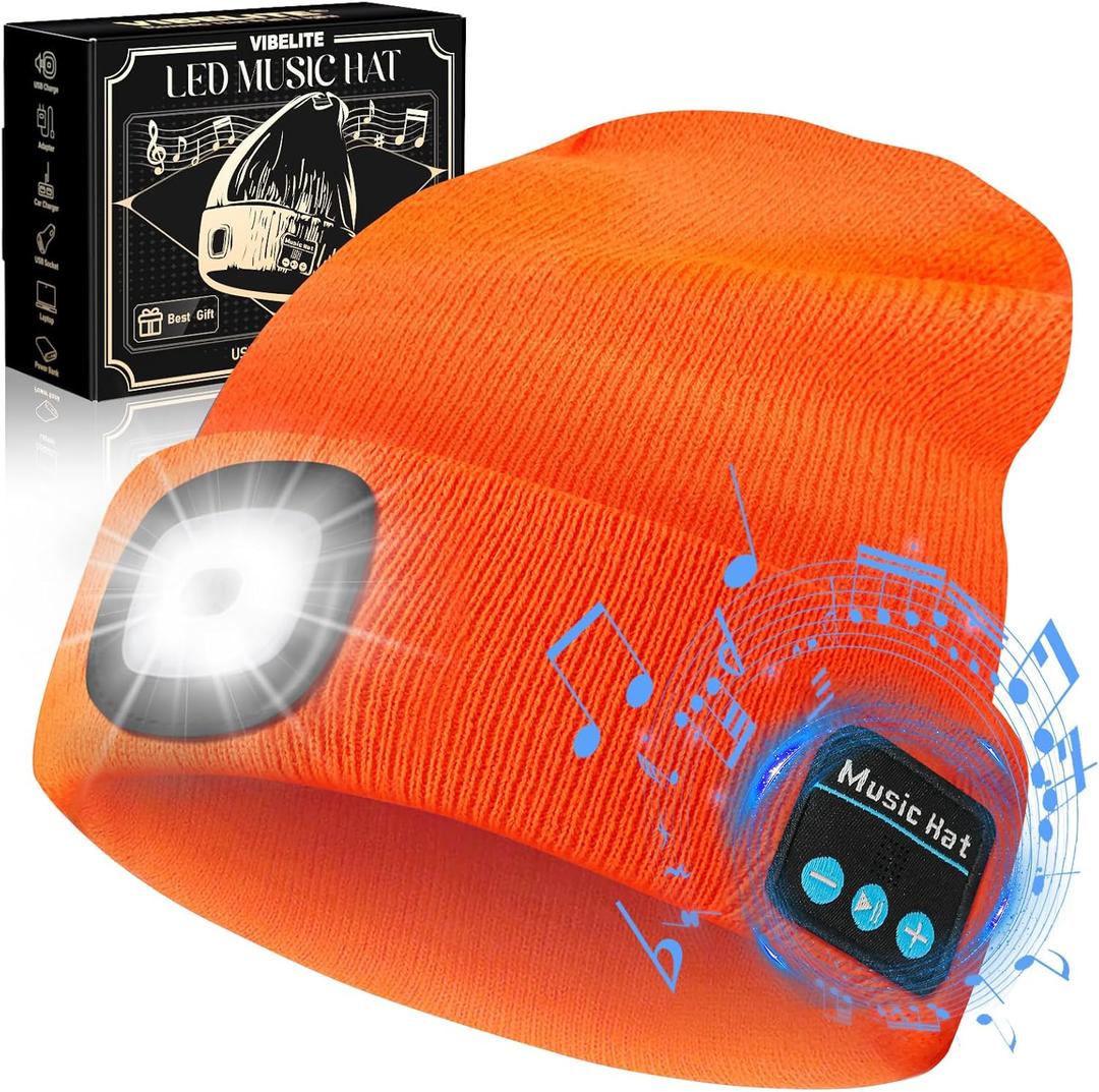 VIBELITE Bluetooth Beanie Hat with Light, USB Rechargeable LED Headlamp with Wireless Headphones, Valentines Day Gifts for Him, Men, Teen Boys, Husband, Women, Boyfriend, Orange