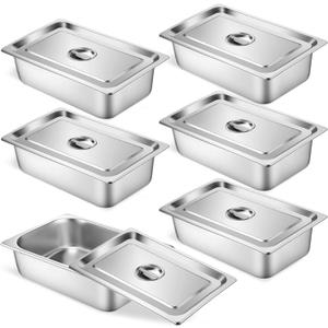 6 Set Stainless Steel Hotel Pans Full Size 4 Inch Deep With Lids, Anti-Jam Chafing Steam Table Pans, Catering Food Storage Metal Pan (1/1)