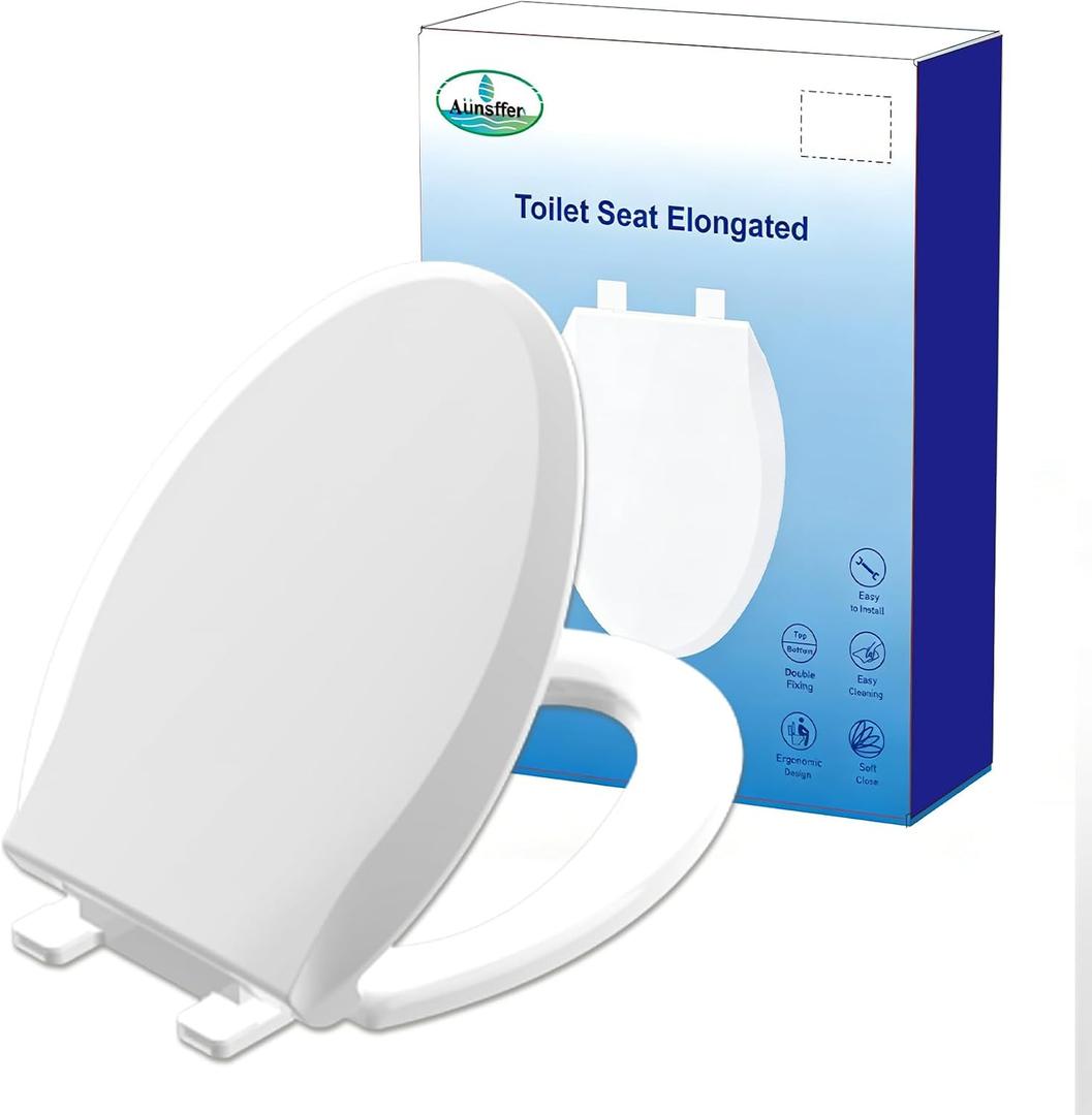 Elongated Toilet Seat Soft Close, Bottom Fixing/Top Fixing 2 Mount Way Easy Installation,4 Anti Slip Pad, Compatible Oval Shape, PP Material Easy Clean, White