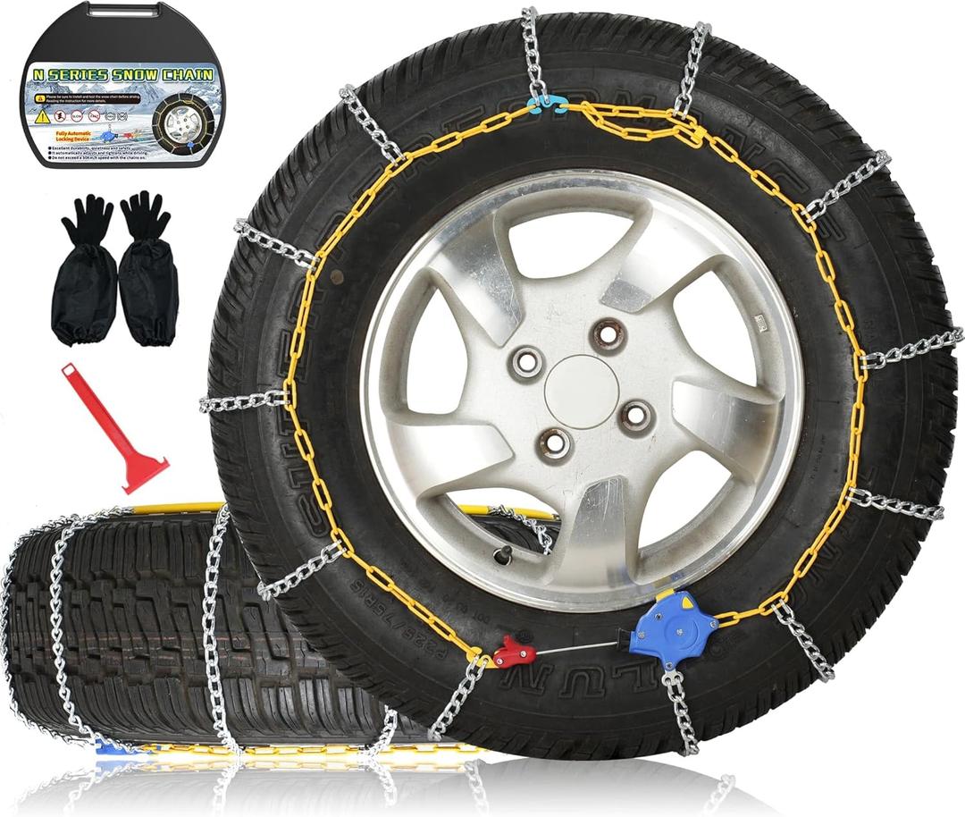 Auto Fixing Snow Chains, 2 x 12 mm, 30s Quick Installation of Tire Chains with Automatic Tensioner, Universal Emergency Tire Traction Chain for Cars, Pickups, and SUVs (HLN 90)