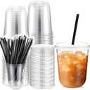 Ziliny 50 Set Clear Plastic Cups with Lids and Straws, PET Disposable Iced Coffee Cups for Drinking Cold Beverage Juice Parfait Smoothie Milkshake Shop Party Supplies (Clear Cup,Black Straw,14 oz)