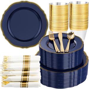 Hioasis 350pcs Blue and gold Plastic Plates - Blue Plastic Dinnerware Set Includes 50 Dinner Plates, 50 Dessert Dinnerware, 50 Cups, 50 Rolled Napkin Cutlery Perfect for Wedding