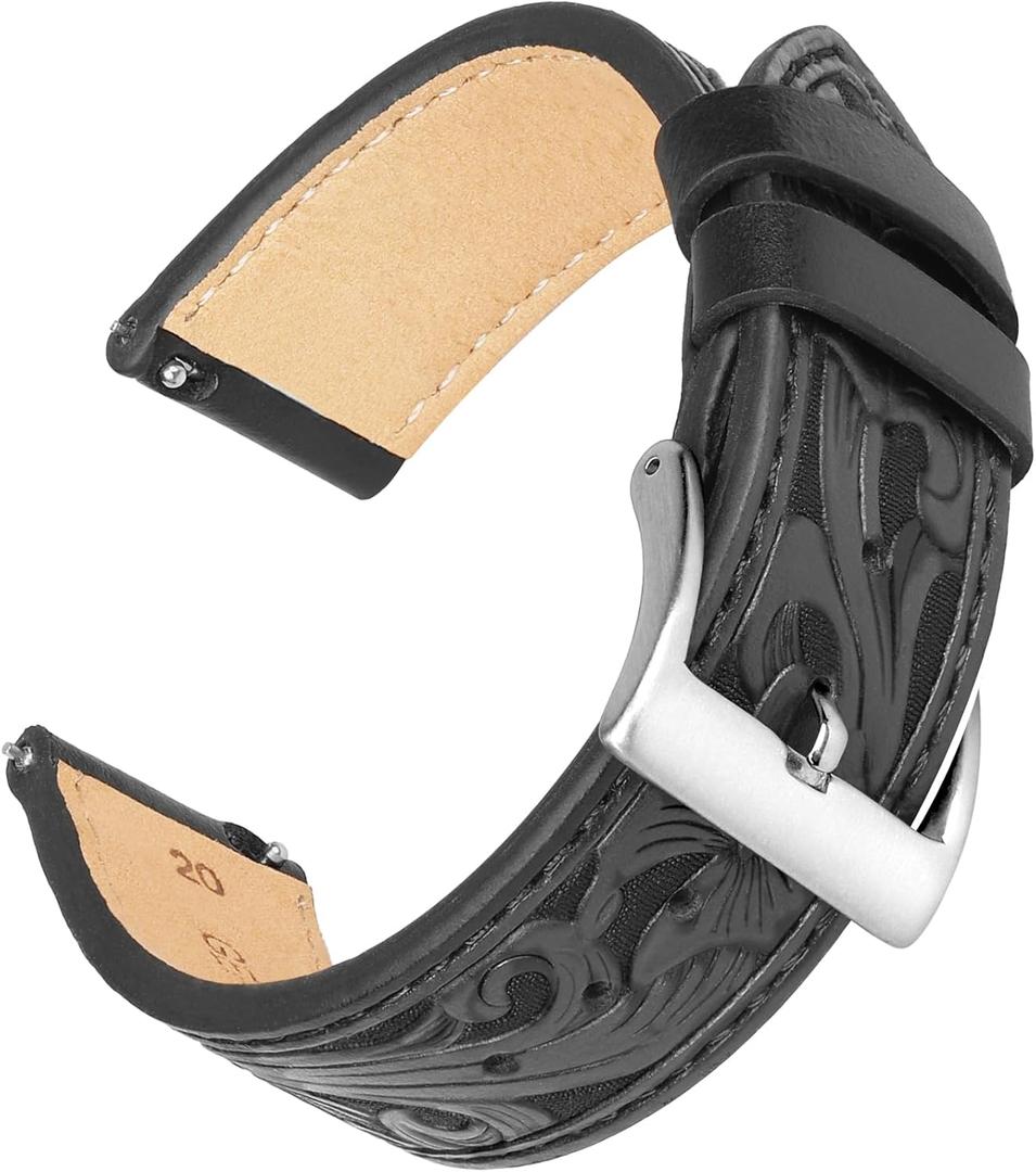 Leather Watch Bands, Western Retro Embossed Leather Bands Compatible with Samsung Galaxy Watch 6/5/4 44/40/45/46/42mm Genius Leather Watch Band for Women Men, Retro Brown (22mm, Black-Silver)