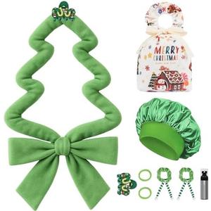 Gwabee 10 PCS Christmas Heatless Curls Overnight Hair Curler, 70" Overnight Curls Hair Curlers to Sleep In with Bonnet for Women Long Hair Volume, Heatless Curling DIY Set - Green