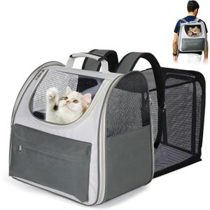 Large Cat Backpack Carrier, Expandable Roomy Pet Carrier Backpack for Medium Cat/Small Dog Puppy Under 18lbs, Breathable Foldable Dog Backpack Travel Airline Approved for Camping Outdoor, Gray