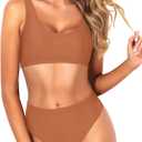 Tempt Me Women Two Piece Scoop Neck Bikini Crop Top Swimsuit Sporty High Waisted Bathing Suit (Large, Golden Brown)