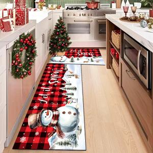 Red Buffalo Plaid Christmas Kitchen Rugs Set of 2, Xmas Snowman Non-Slip Christmas Kitchen mats, Winter Home Low-Profile Indoor Decor Holiday Floor Mat for Kitchen Laundry Sink (19.7"x47.3"+ 19.7"X31.5")