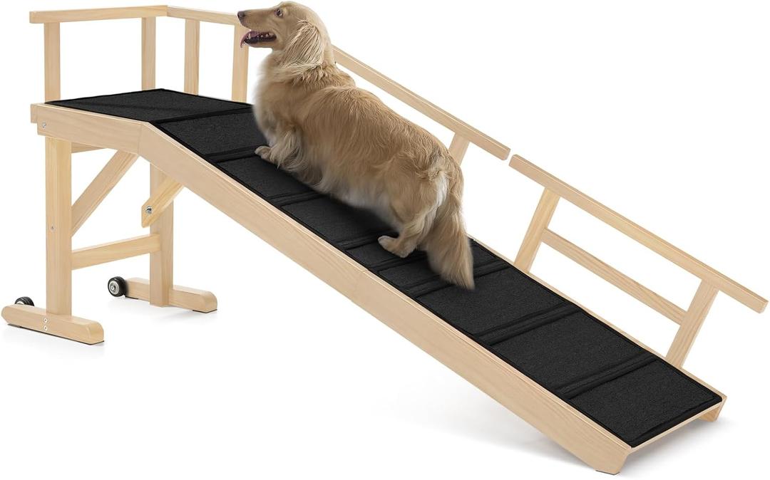 Dog Ramp for Bed or Couch, Wooden Pet Ramp with 20 Gentle Slope, Removable Side Rails, Non-Slip Surface, Top Platform & Wheels, Safe Bed Ramp for Small, Large & Senior Dogs, 60" Long, Natural