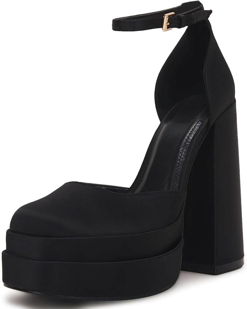 VETASTE Womens Platform Heels Chunky High Heels Ankle Buckle Strap Pumps Party Wedding Dress Shoes (7.5, Black)