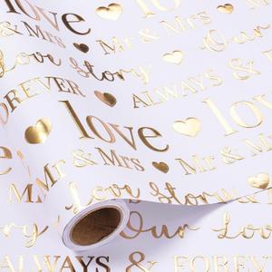 RUSPEPA Wedding Wrapping Paper Large Roll, Jumbo Roll, White and Gold Foil Love & Mr & Mrs Design, Romantic Gift Wrap for Wedding, Bridal Shower, Anniversary, Engagement, 30 Inches x 16.4 Feet